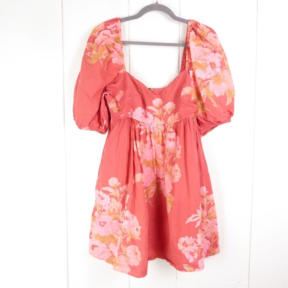 Free People Mini Dress SZ M Peony Baby Doll Dress Floral Square Neck Naturecore